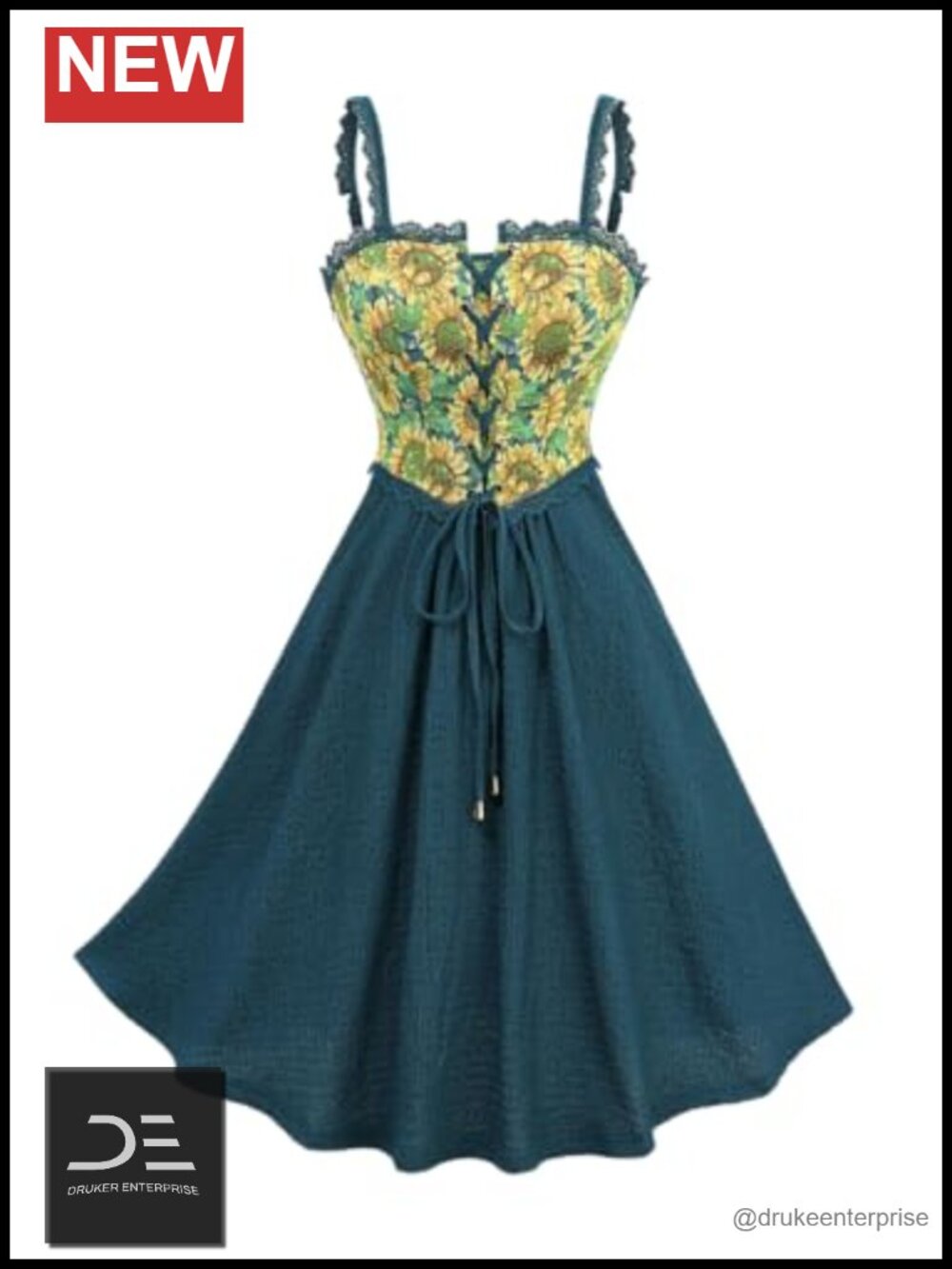 Sleeveless Lace Trim Tank Dress A-Line Knee-Length Pockets Sunflower Print